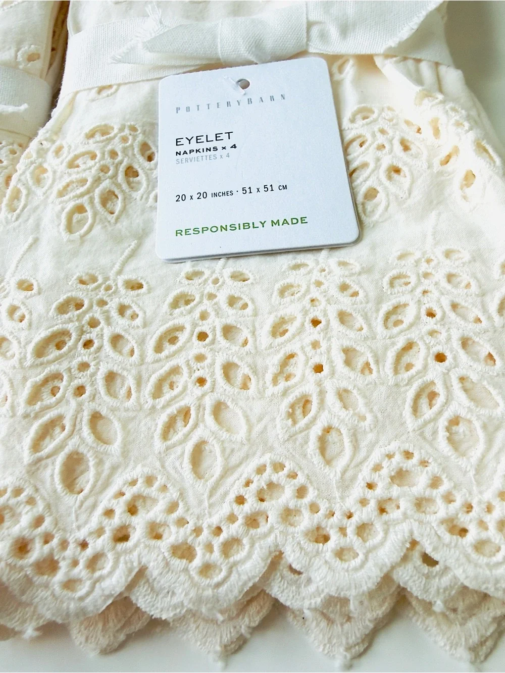 Pottery Barn Eyelet 100% Organic Cotton 20” sq Napkins, Set of 8, NWT Retail $98